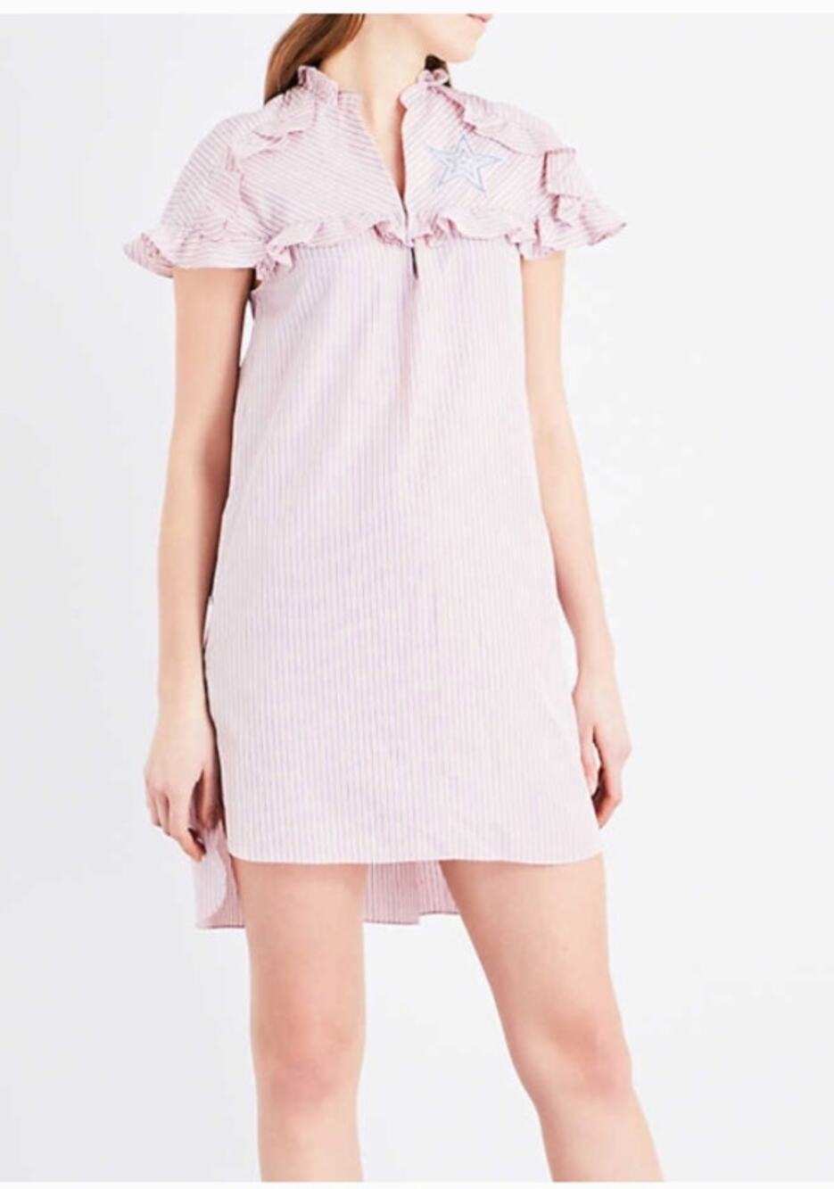 Sandro Striped Ruffled Cotton Rose Shirt Midi Dress Womens 2